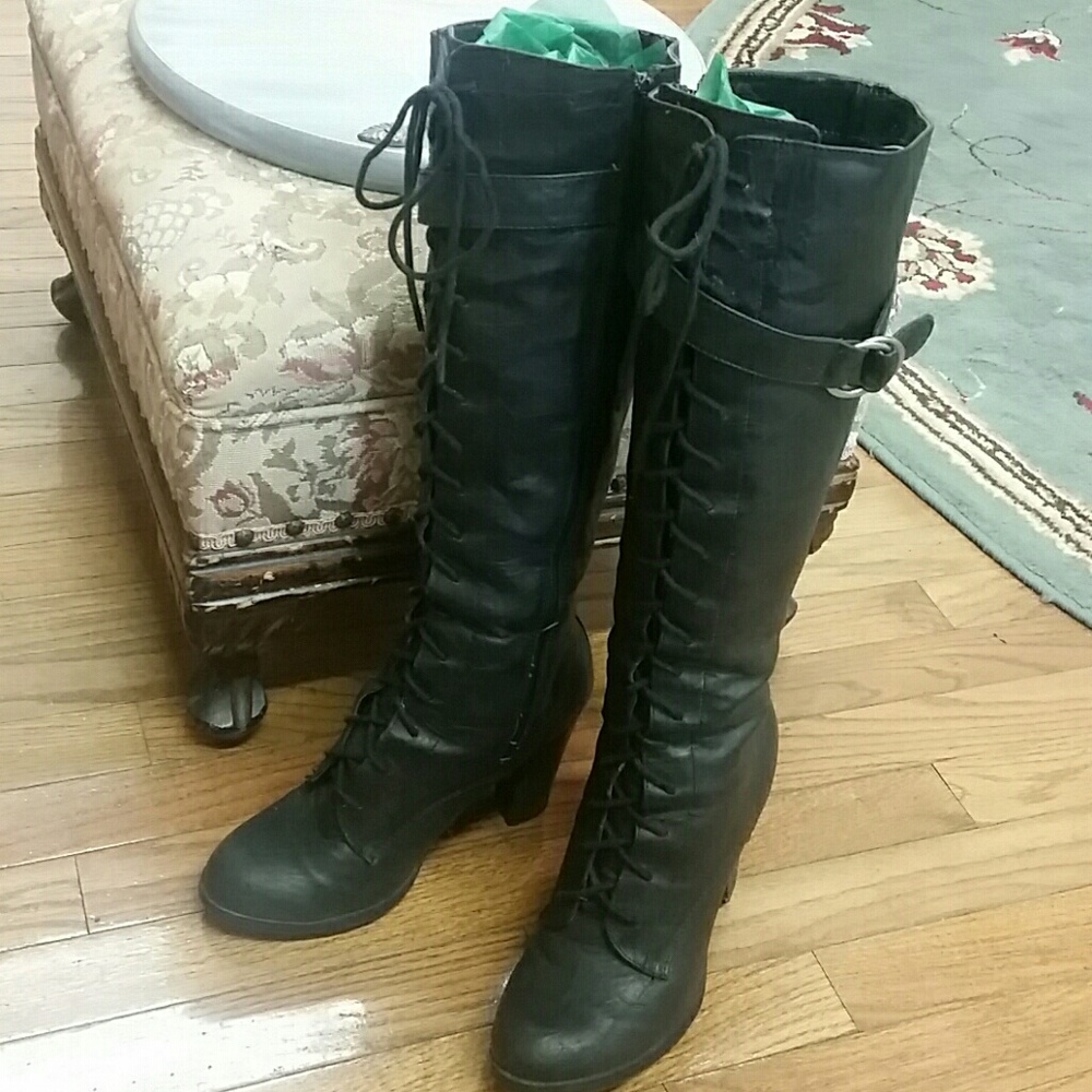 Black Lace up knee high boots